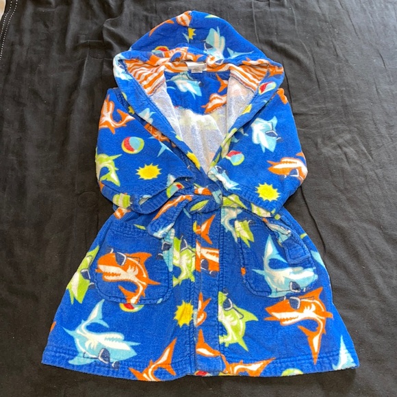 Kid Boy Shark Print Bathrobe Shower Robe Beach Robe with Hoodie and Pockets - Picture 1 of 3